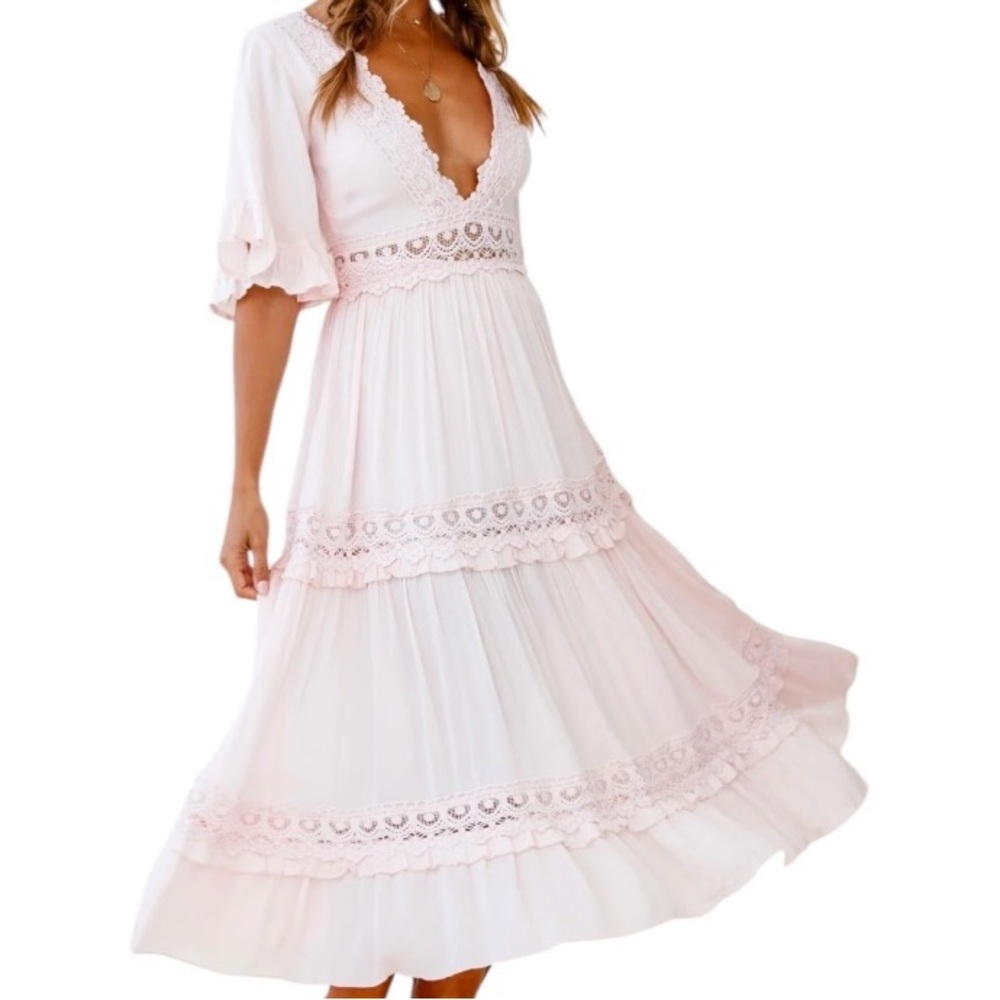 Pink Chiffon Crochet Boho Festival Maxi Dress Flutter Sleeve  SZ XS NWT
